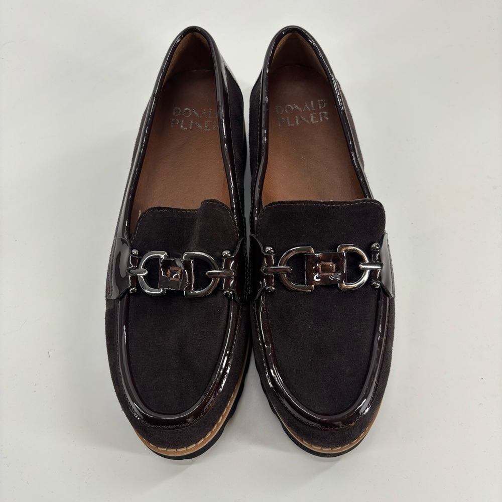 Donald Pliner Clio loafers brown suede patent leather 6.5 chunky heel 90s - Picture 2 of 12